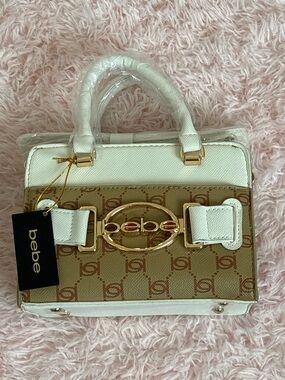 bebe White & Tan Logo Top-Handle Satchel with Gold Hardware